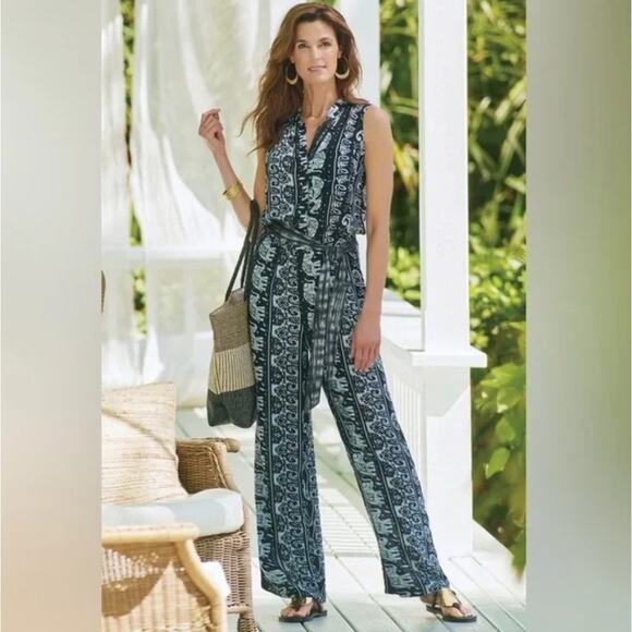 SOFT SURROUNDINGS Sydney Jumpsuit Elephant Wide Leg Batik Print Boho Sz M {BB41} - Picture 1 of 7